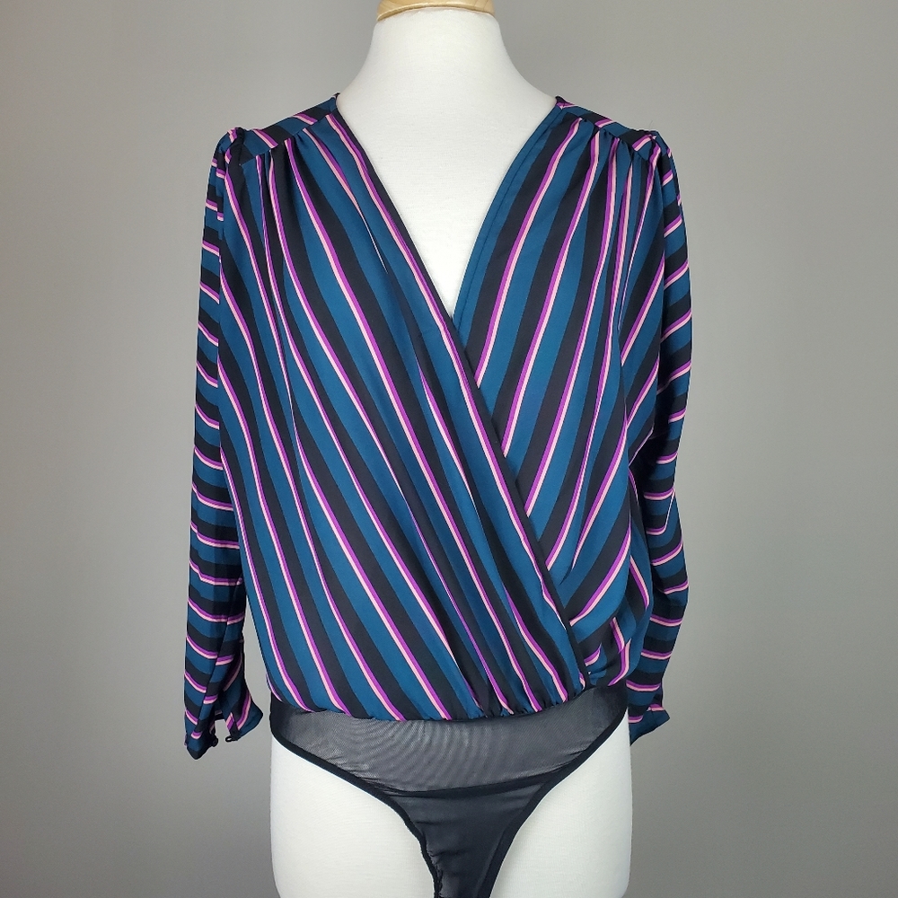 Astr The Label Stripe Wrap Bodysuit Top